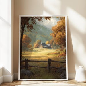 Autumn Chapel Canvas Wall Art, Rustic Fall Print, Countryside Church Decor, Woodland Nature Artwork, Farmhouse Wall Hanging