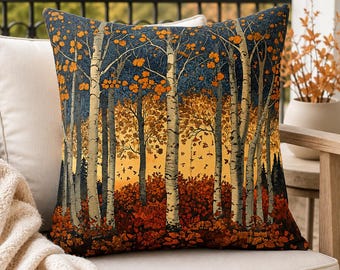 Autumn Birch Forest Throw Pillow, Orange Woodland Patio Cushion, Botanical Pillowcase, Fall Nature Decor, Forest Lover Gift