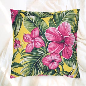 Bold Tropical Floral Pillow, Pink Hibiscus Cushion Cover, Vibrant Jungle Throw Pillow, Island Leaf Home Decor, Bright Summer Accent