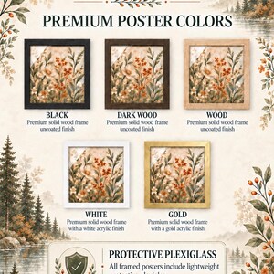 The image is an advertisement for home decor featuring a variety of premium poster colors, including black, dark wood, wood, white, gold, and protective plexiglass. The poster highlights the different options available for decorating a modern home, with a focus on the plexiglass poster as a lightweight and protective option.