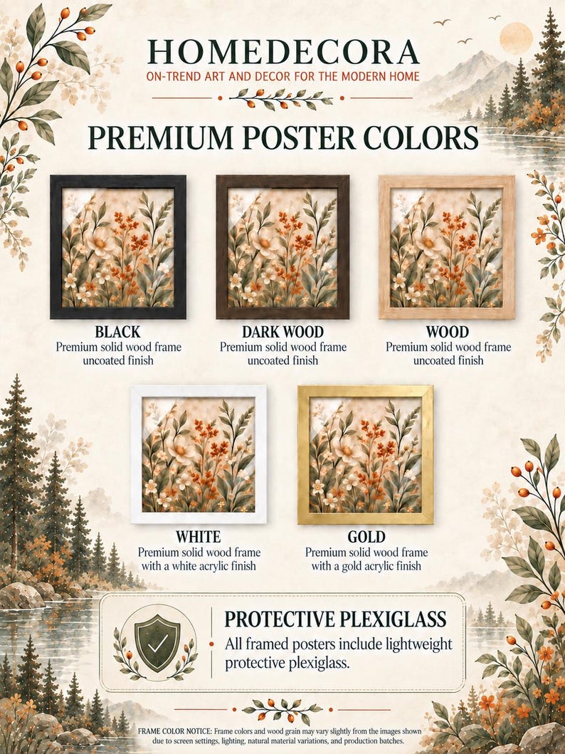 The image is an advertisement for home decor featuring a variety of premium poster colors, including black, dark wood, wood, white, gold, and protective plexiglass. The poster highlights the different options available for decorating a modern home, with a focus on the plexiglass poster as a lightweight and protective option.