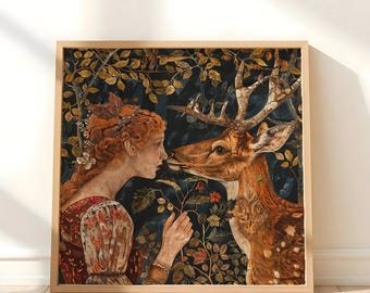Vintage William Morris Inspired Deer Canvas, Rustic Autumn Decor, Autumn Forest Canvas Wall Art, Vintage Botanical Art, Deer Canvas Print