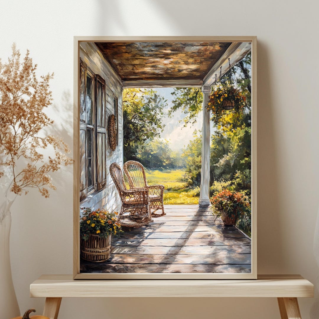 Rustic Porch Wall Art, Wooden Framed Canvas, Rustic Country Wicker ...