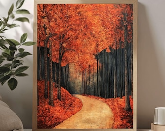 Impression d'art mural forêt d'automne style William Morris, décoration boisée d'automne, décoration d'intérieur automne rustique, galerie d'inspiration nature