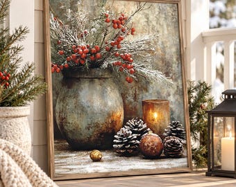 Christmas Candle Wall Art, Vintage Red Berry Canvas Print, Rustic Winter Evergreen Arrangement, Cozy Country Cottage Holiday Decor Gift