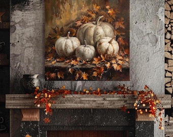 White Pumpkin and Autumn Leaves Still Life Canvas Wall Art, Fall Home Decor, Rustic Harvest Painting, Thanksgiving Decor for Gathering