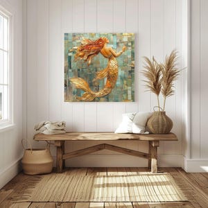 Mosaic Look Gold Mermaid Wall Art, Ocean Fantasy Decor, Elegant Mermaid Print, Coastal Beach Mermaid Wall Art Print image 3