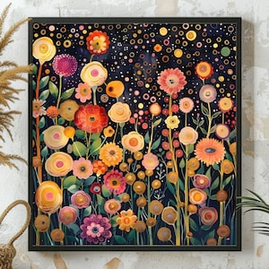 Flower Garden Canvas Wall Art Print Gustav Klimt Inspired Painting, Botanical                               Floral Wall Hanging