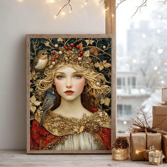 Winter Solstice Goddess Wooden Canvas Art, Enchanted Woman Wall Print, Holiday Nature-Inspired Decor, Mystical Framed Canvas