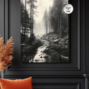 Black and White Misty Forest Canvas Wall Art, Black Framed Wall Art, Foggy Forest Wall Art, Foggy Forest Art, Moody Black and White Painting image 6