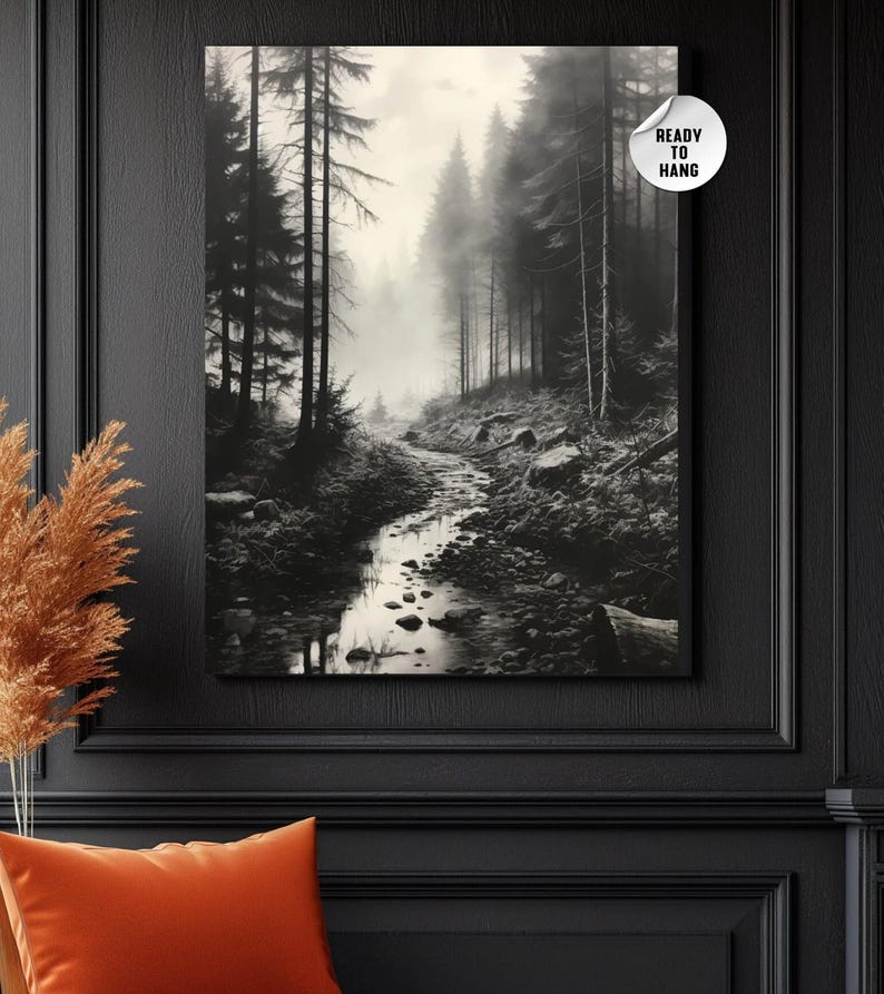 Black and White Misty Forest Canvas Wall Art, Black Framed Wall Art, Foggy Forest Wall Art, Foggy Forest Art, Moody Black and White Painting image 6