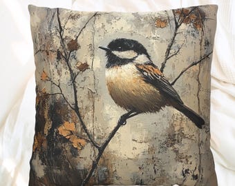 Rustic Chickadee Accent Pillow, Vintage Autumn Bird Decor, Nature Inspired Cushion Cover, Cozy Woodland Throw Pillow, Farmhouse Home Accent