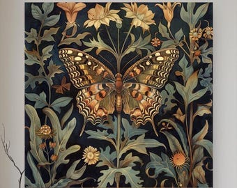 Lienzo decorativo con mariposas botánicas, lámina inspirada en William Morris, decoración vintage para el hogar con motivos naturales, póster vintage de insectos, cuadro floral enmarcado.