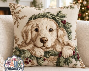 Christmas Puppy Throw Pillow, Faux Embroidery Print, Evergreen Red Berry Cushion, Neutral Farmhouse Holiday Decor, Cozy Dog Lover Gift