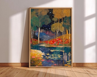 Moonlit Lake Wall Art, Celestial Landscape Framed Canvas, Night Nature Artwork, Gustav Klimt Inspired Decor