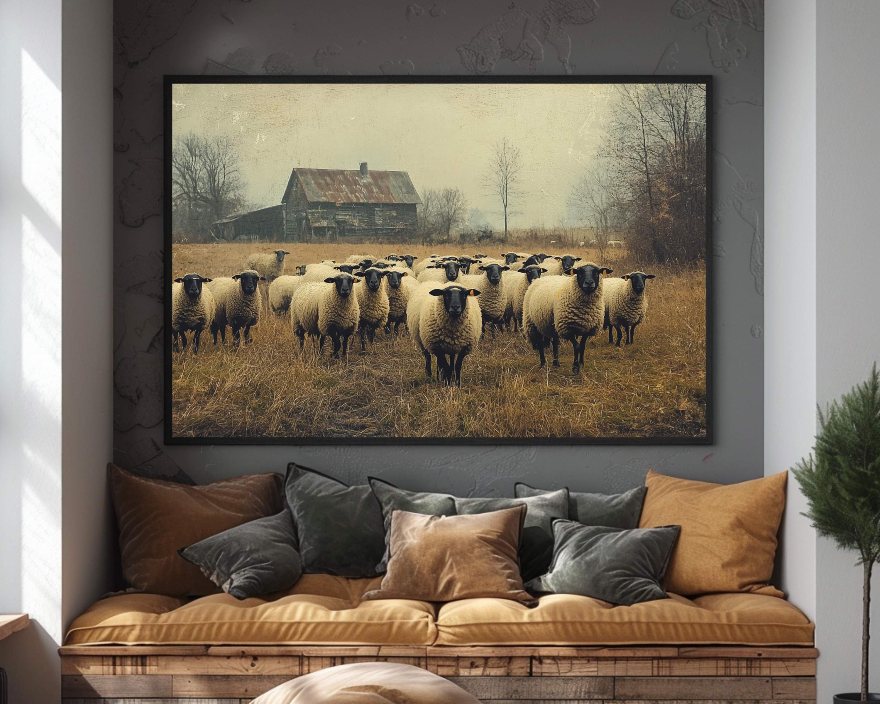 Vintage Barn and Sheep Wall Art Print, Rustic Farm Scene, Country ...