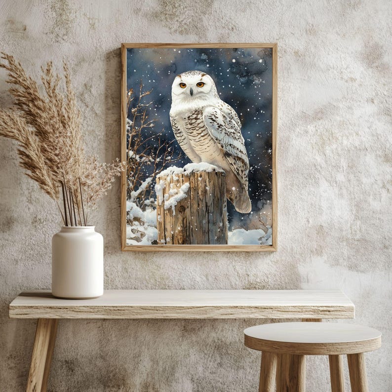 Snowy Owl Night Wooden Canvas Art, Winter Bird Wildlife Wall Decor ...