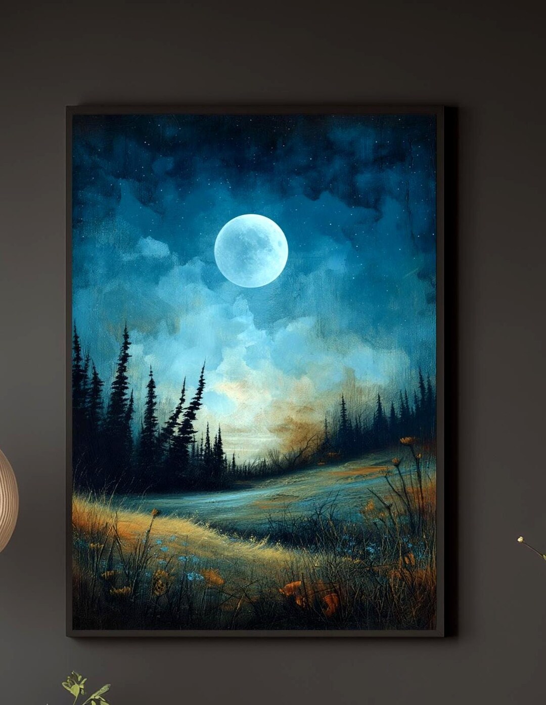 Moonlit Wall Art, Night Landscape Print, Forest Moonlight Framed Canvas ...