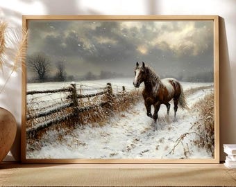 冬の馬の風景ウォールアート、素朴な田舎の農場のキャンバス、雪景色のプリント、自然をモチーフにした乗馬をテーマにしたホームデコレーション、馬好きへのギフト