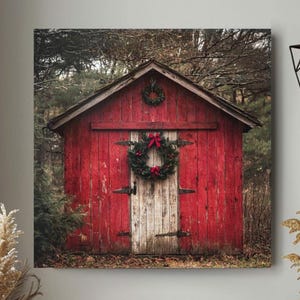 Rustic Red Barn Christmas Canvas Wall Art, Farmhouse Holiday Print, Country Winter Decor, Festive Barn Wall Hanging, Christmas Gift Idea
