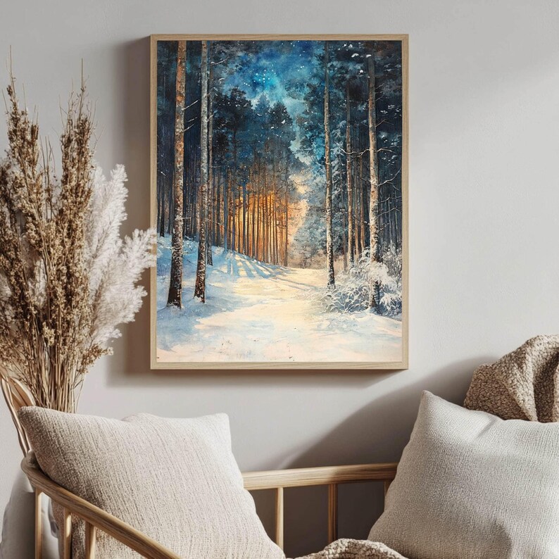 Golden Glow Winter Forest Wooden Canvas Art, Snowy Pine Tree Wall Print, Cozy Holiday Framed Decor imagen 7