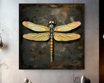 Vintage Dragonfly Canvas Wall Art, Garden Dragonfly Painting,  Dragonfly Art Ready to Hang Home Decor, Dragonfly Gift