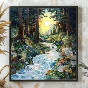 Woodland Wall Art, Mystical Wall Art, Forest River Print, Vintage Framed Canvas, Mystical Home Decor, Nature Wall Decor image 1