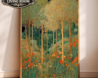 Vintage Forest Wall Art, William Morris Style Canvas, Botanical Woodland Print, Rustic Nature Artwork, Cottagecore Decor for Living Room