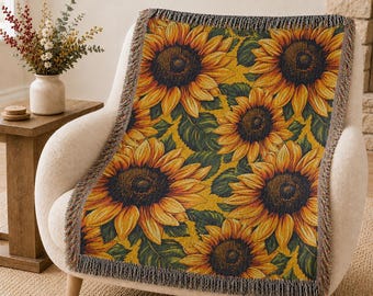 Sunflowers Woven Tapestry Throw Blanket, Floral Throws, Housewarming Gift, Floral Autumn Blanket
