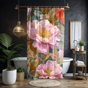 Botanical Flower Shower Curtain, Vintage Style Garden Bloom, Oversized Pink Rose Floral Print, Nature-Inspired Bathroom Curtain, 71x74
