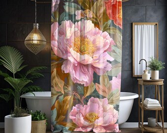 Tenda da doccia colorata con motivo floreale e foglie con