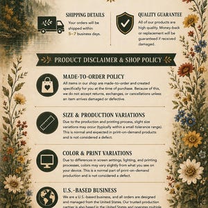 The image is a promotional flyer for a company called "Homedecora", which is described as an elegant art and decor company for the modern home. The flyer provides details about the company's shipping policy, product disclaimer, and US-based business practices.