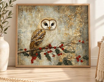 Barn Owl Wall Art, Golden Owl Canvas Print, Vintage Winter Wildlife Artwork, Red Berries, Rustic Farmhouse Christmas Decor, Owl Lover Gift