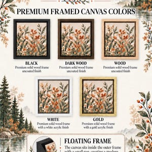 The image is an advertisement for home decor featuring a variety of premium framed canvas colors, including black, dark wood, wood, white, gold, and floating frames.