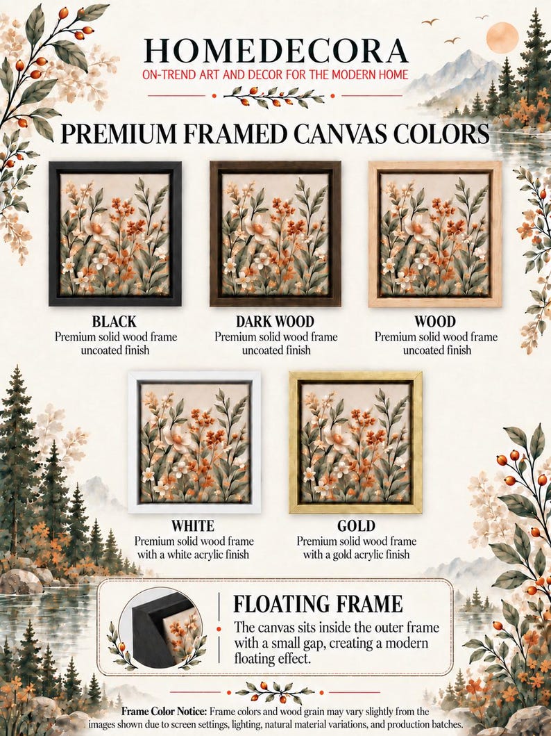 The image is an advertisement for home decor featuring a variety of premium framed canvas colors, including black, dark wood, wood, white, gold, and floating frames.