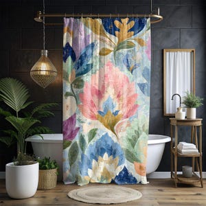 Boho Woven Floral Shower Curtain, Watercolor Flower Textile Style 71x74, Vintage Botanical Bathroom Art, Colorful Cottagecore Bath Decor