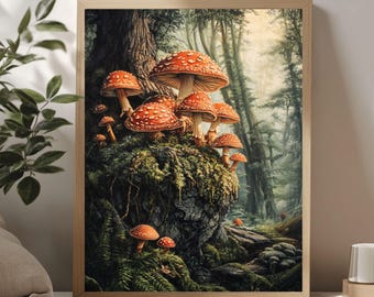 Skogssvamp i skogen, canvastavla med svamp, inramad konsttryck, rustik stugdekor, botanisk väggbonad med träinram