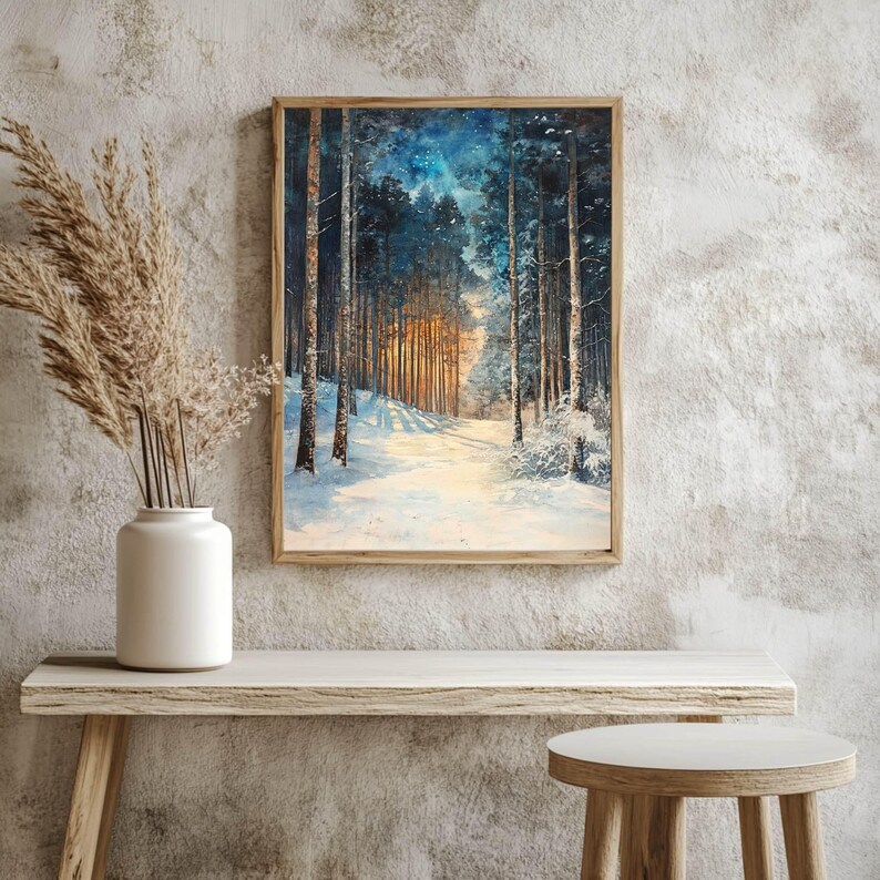 Golden Glow Winter Forest Wooden Canvas Art, Snowy Pine Tree Wall Print, Cozy Holiday Framed Decor imagen 6