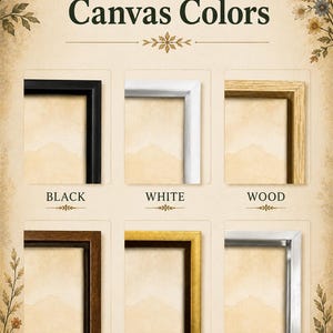 a collection of six different framed canvas colors, each with a distinct finish: black, white, wood, dark wood, gold, and silver.