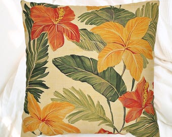 Bold Tropical Floral Pillow, Hibiscus Cushion Cover, Vibrant Jungle Throw Pillow, Island Leaf Home Decor, Warm Beach Accent