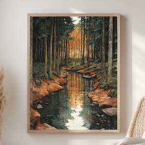 Golden Forest Creek Framed Canvas, Tranquil Nature Stream Wall Art, Moody Woodland Landscape Print, Rustic Autumn Home Decor