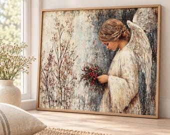 Christmas Angel Wall Art, Winter Angel Canvas Print, Vintage Guardian Angel Artwork, Rustic Cottage Holiday Decor, Spiritual Christmas Gift