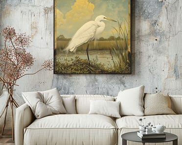 Single Egret William Morris Style Art Canvas, Vintage Framed Bird