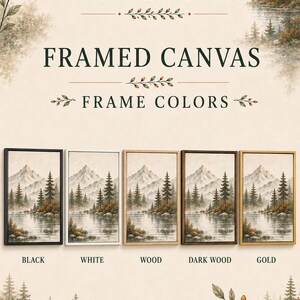 The image is an advertisement for framed canvas art, showcasing different frame colors that can be used to complement various home decor styles.