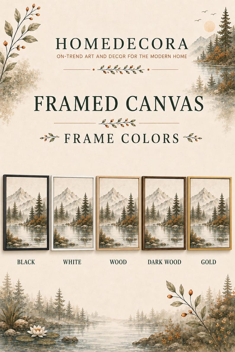 The image is an advertisement for framed canvas art, showcasing different frame colors that can be used to complement various home decor styles.