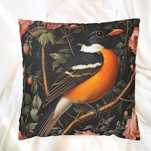 Vintage Bird Floral Pillow Cover, William Morris Style Cushion, Cottagecore Home Decor, Rustic Botanical Accent, Woodland Throw Pillow