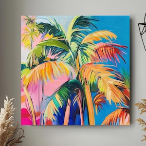 Odważne tropikalne płótno palmowe, żywa kolorowa sztuka ścienna dżungli, nowoczesne malowanie palm, egzotyczny wystrój plaży, boho nadmorski akcent domowy