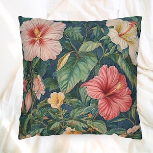 Hibiscus Floral Throw Pillow, William Morris Botanical Cushion, Tropical Garden Pillow, Vintage Inspired Home Decor, Moody Jungle Accent
