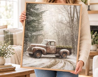 Christmas Truck Wall Art, Vintage Pickup Truck Winter Print, Rustic Farmhouse Holiday Decor