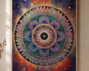 Cosmic Sacred Geometry Decor, Celestial Boho Print, Colorful Mandala Wall Art, Vibrant Meditation Artwork, Spiritual Living Room Accent